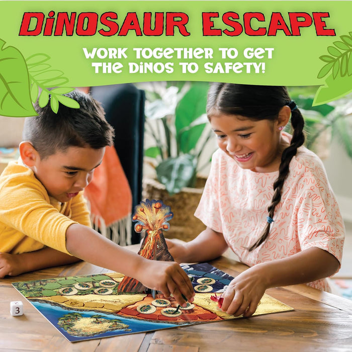 Two children playing with a 'Dinosaur Escape' board game on a wooden table.