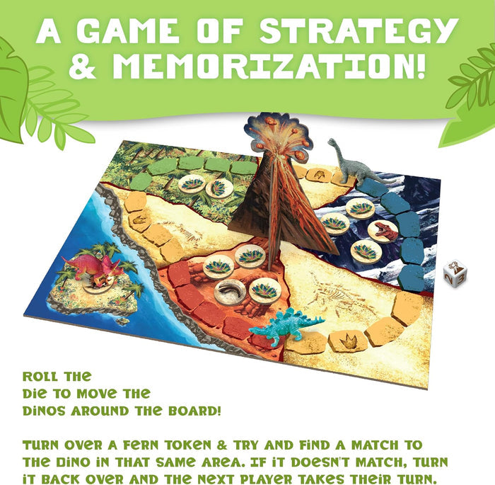 Board game with dinosaur theme and text about strategy and memorization