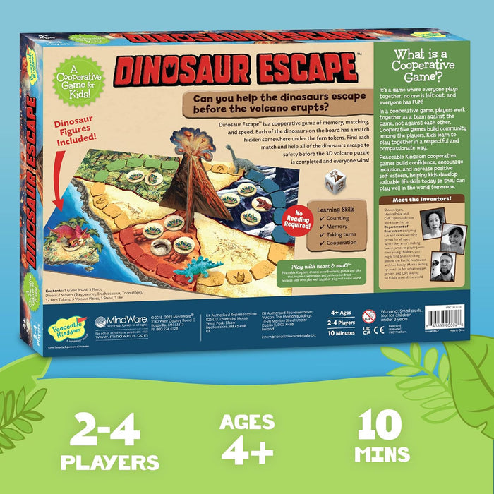 Box of 'Dinosaur Escape' board game with colorful graphics and text.