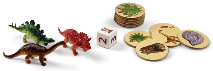 Game pieces for Dinosaur Escape game on a white background.