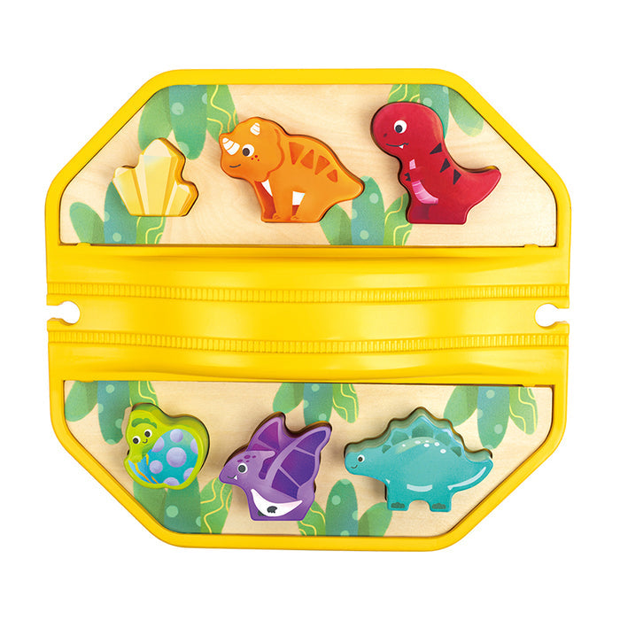 Five colorful wooden dinosaurs against a white background