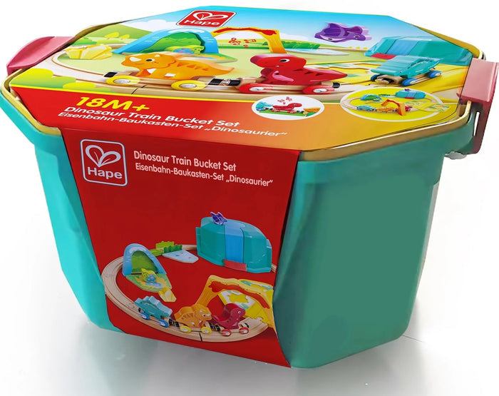 Colorful Hape dinosaur train bucket set packaging on a white background