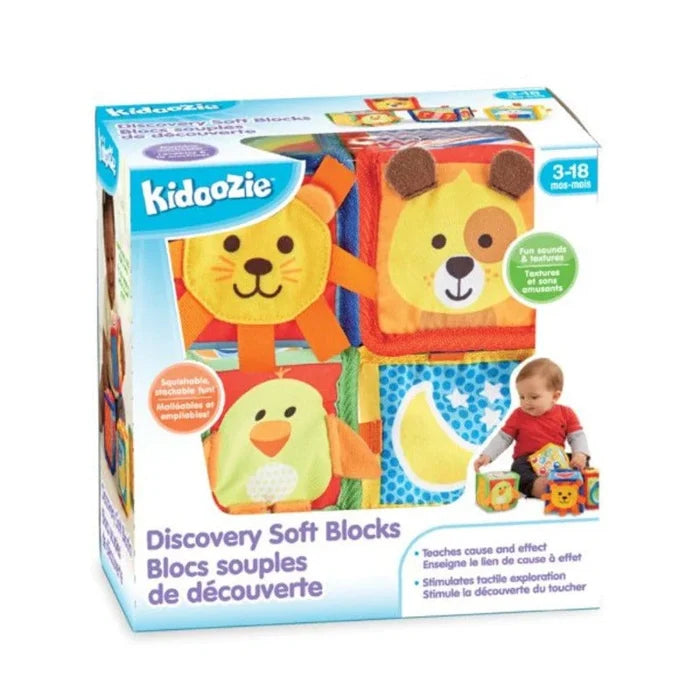 Box of Kidoozie Discovery Soft Blocks with colorful animal faces on a white background
