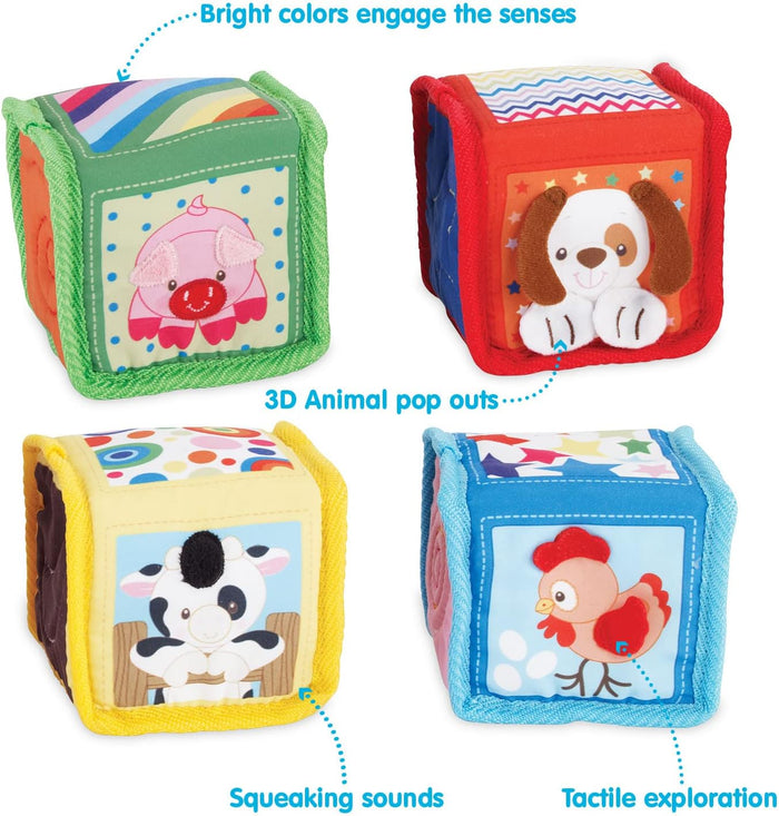Set of colorful baby toys with animal illustrations and text highlighting features.