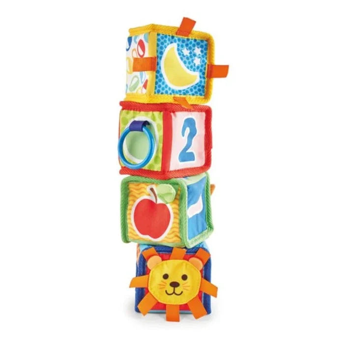 Stack of colorful baby blocks with various designs on a white background