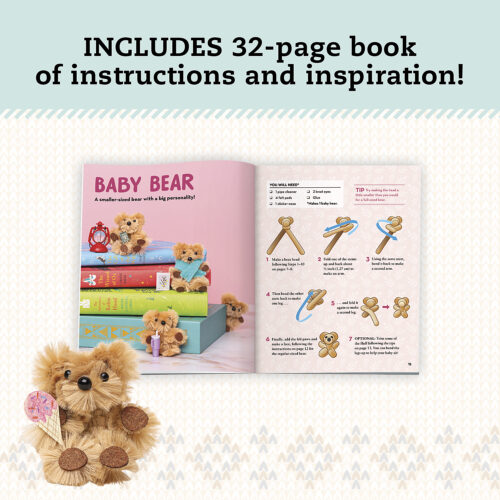 Open book with teddy bear illustrations and text, featuring a baby bear toy on a light blue background.