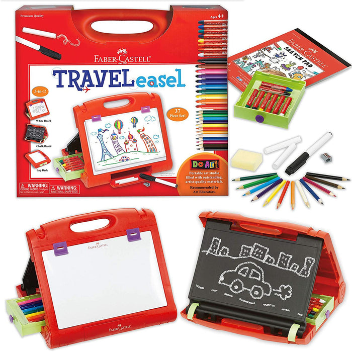 Faber-Castell travel easel set with art supplies on a white background
