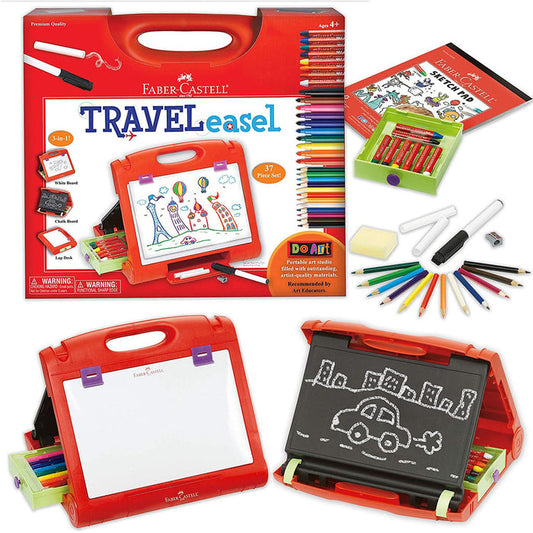 Faber-Castell travel easel set with art supplies on a white background
