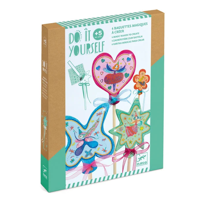 Box of 'Do It Yourself' craft sticks to make 'magical' wands with fairy designs on a white background