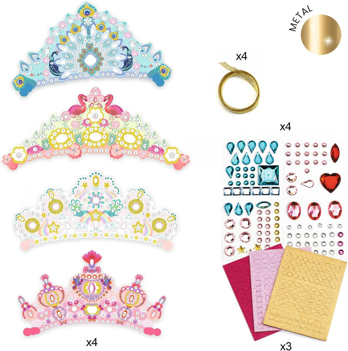 Four colorful crowns with sticker sheets and gems on a white background