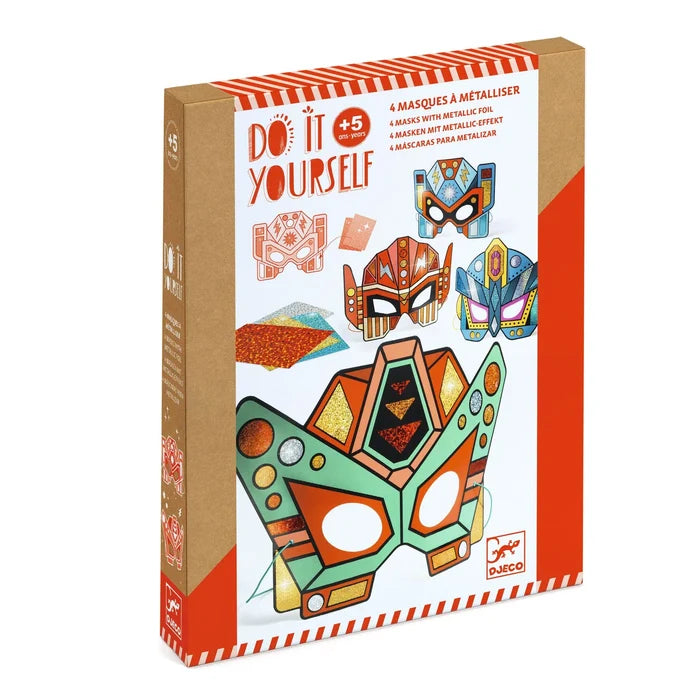 Box of 'Do It Yourself' robot theme mask-making kit with colorful masks on a white background