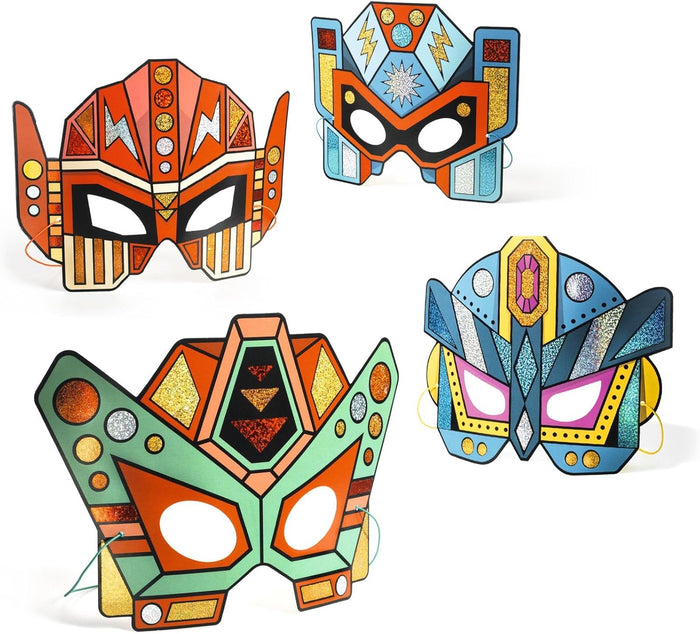 Four colorful paper robot masks on a white background
