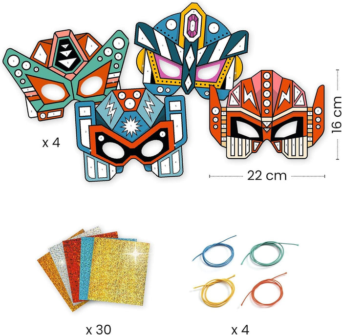 Colorful paper robot masks with accessories on a white background