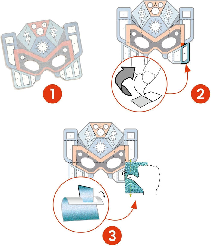 Step-by-step guide on how to assemble a superhero robot mask with labeled steps.