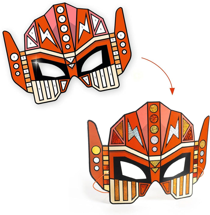 Two colorful paper robot masks with geometric designs on a white background