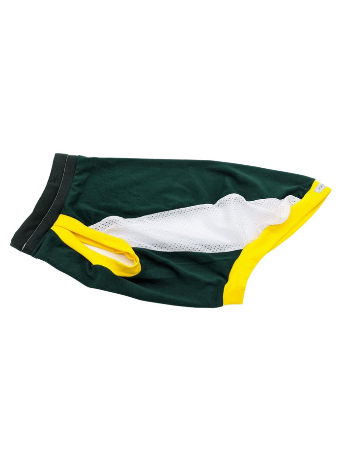 Green and yellow custom Packers cotton spandex dog jersey, flat side view