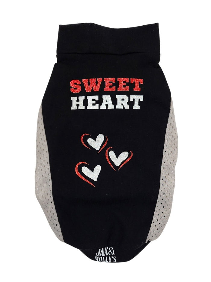 Gorgeous backside display of Dog Sport's Jersey made from a black cotton spandex and gray mesh sides, adorned with a Sweet Heart Vinyl Graphic.