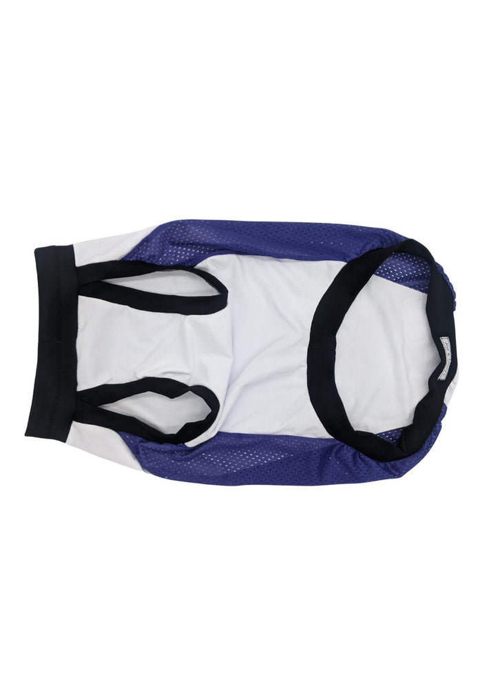 Underbelly view of the dog sports jersey with a white body, purple mesh sides, and black trim, displayed on a white background, emphasizing the larger arm holes.
