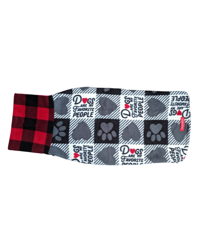 Back view of a fleece dog sweater with the print 'Dogs Are My Favorite People" and a red buffalo plaid turtleneck