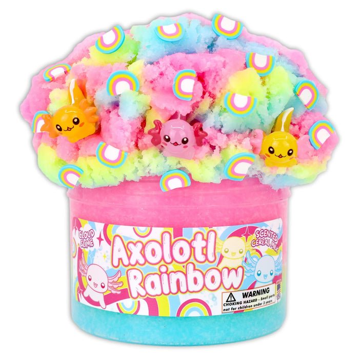 A colorful container of 'Axolotl Rainbow' slime with vibrant pastel pink, blue, and yellow hues, topped with themed axolotl charm and sprinkles.