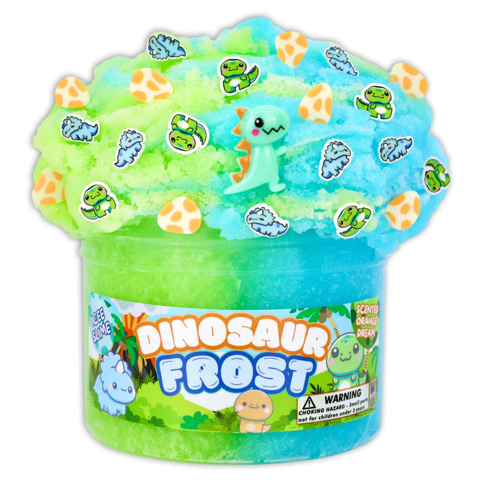 A colorful container of 'Dinosaur Frost' slime with vibrant pastel blue and green hues, topped with themed dino charms.