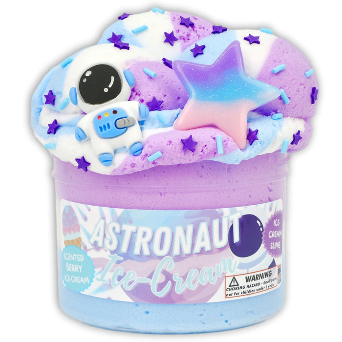 A colorful container of 'Astronaut Ice Cream" slime topped with themed space charms and sprinkles.