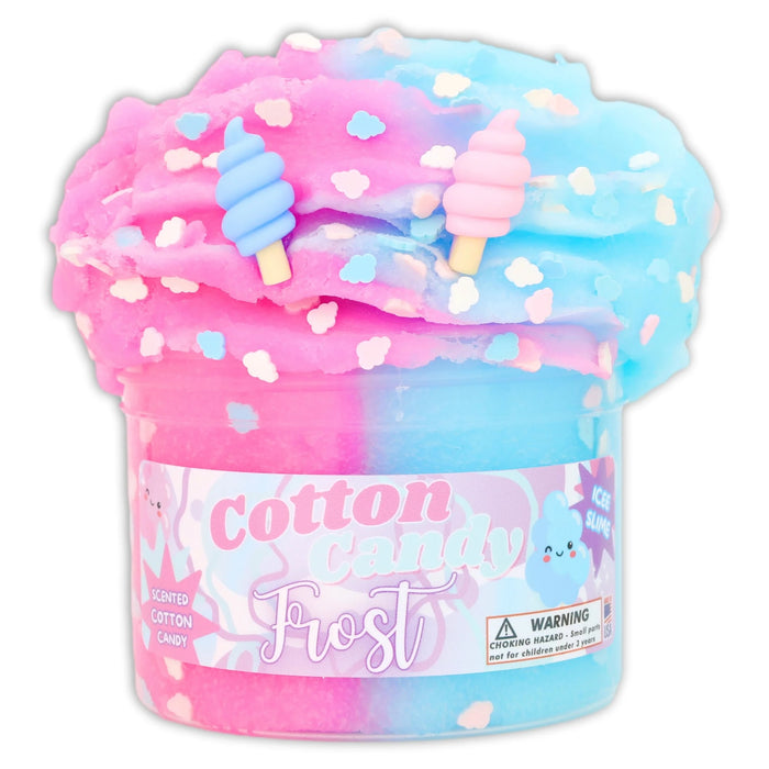A colorful container of 'Cotton Candy' slime with vibrant pastel pink and blue hues, topped with themed ice cream charms and sprinkles.