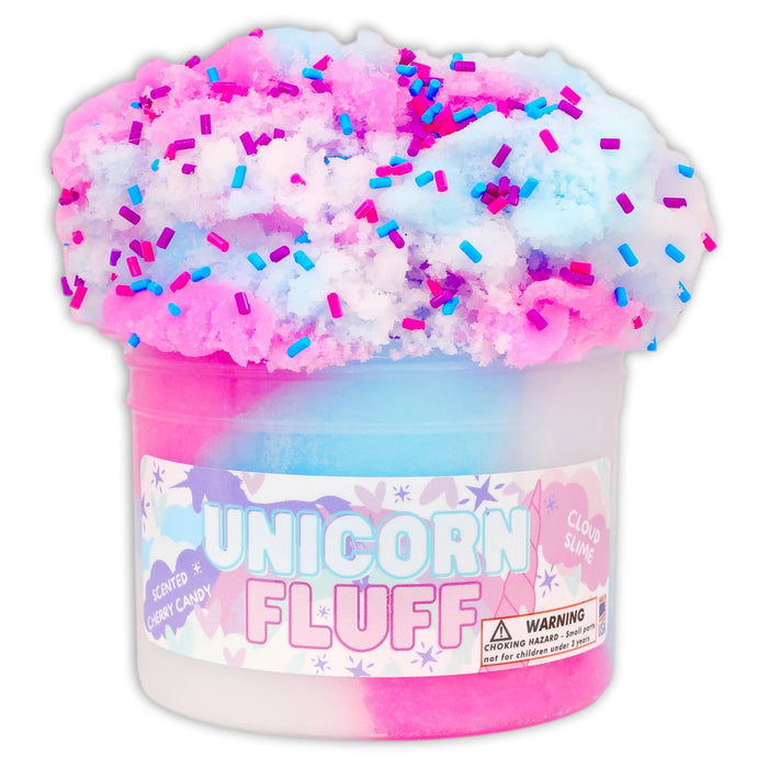 A colorful container of 'Unicorn Fluff' slime with vibrant pastel pink, blue, and white hues, topped with sprinkles.
