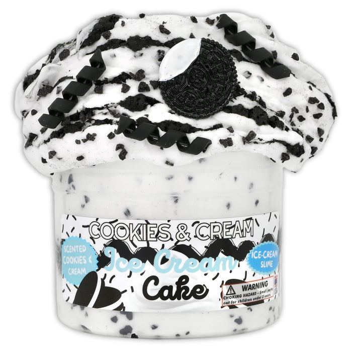 A black & white container of 'Cookies & Cream' topped with themed oreo charm and sprinkles.