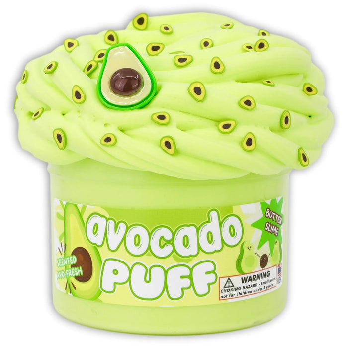 A colorful container of 'Avocado Puff' slime with topped with themed avocado charm and sprinkles.