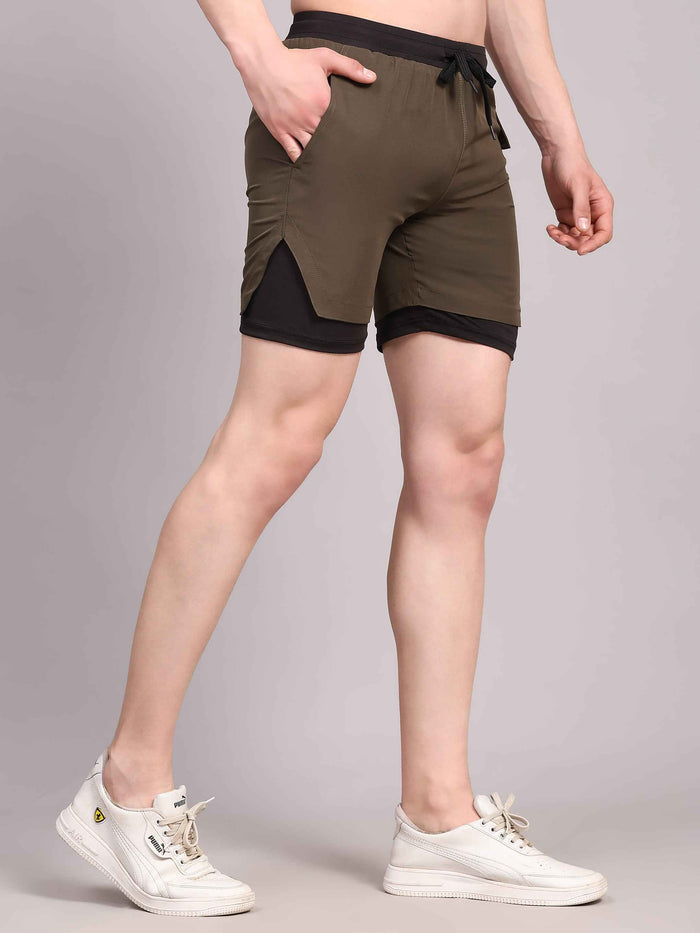 Dpassion Men 2 in 1 Training Shorts Olive Performance Activewear