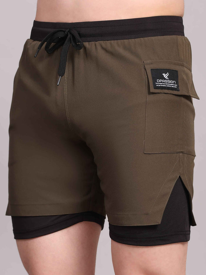 Dpassion Men 2 in 1 Training Shorts Olive Performance Activewear