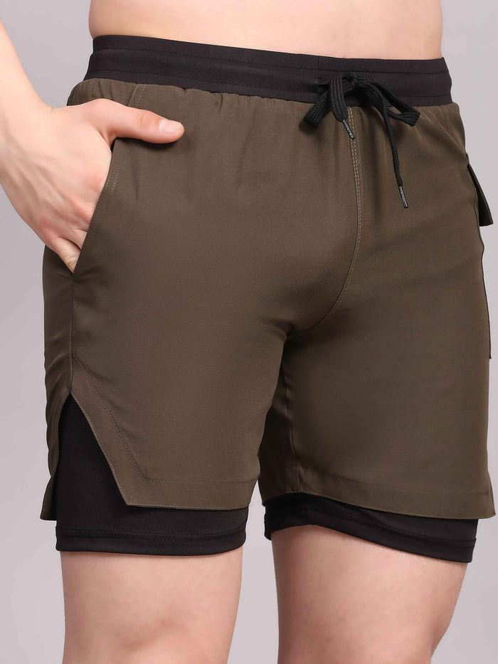 Dpassion Men 2 in 1 Training Shorts Olive Performance Activewear