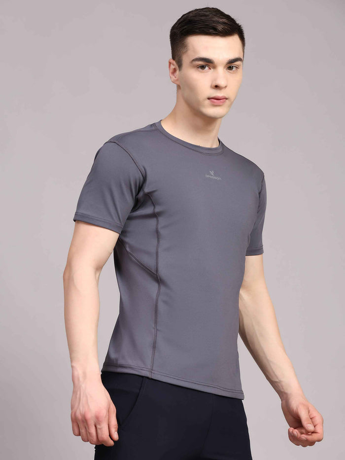 Dpassion Men Solid Grey Performance T Shirt Breathable Gym Training Wear