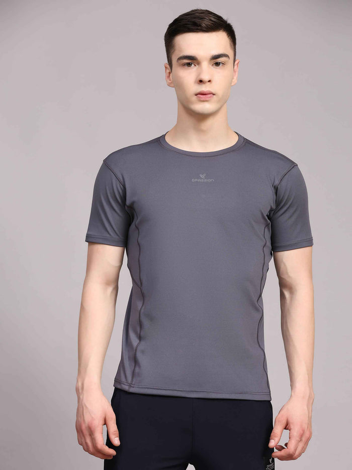 Dpassion Men Solid Grey Performance T Shirt Breathable Gym Training Wear