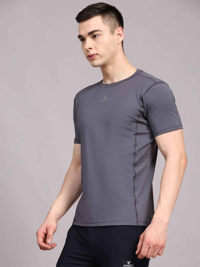 Dpassion Men Solid Grey Performance T Shirt Breathable Gym Training Wear