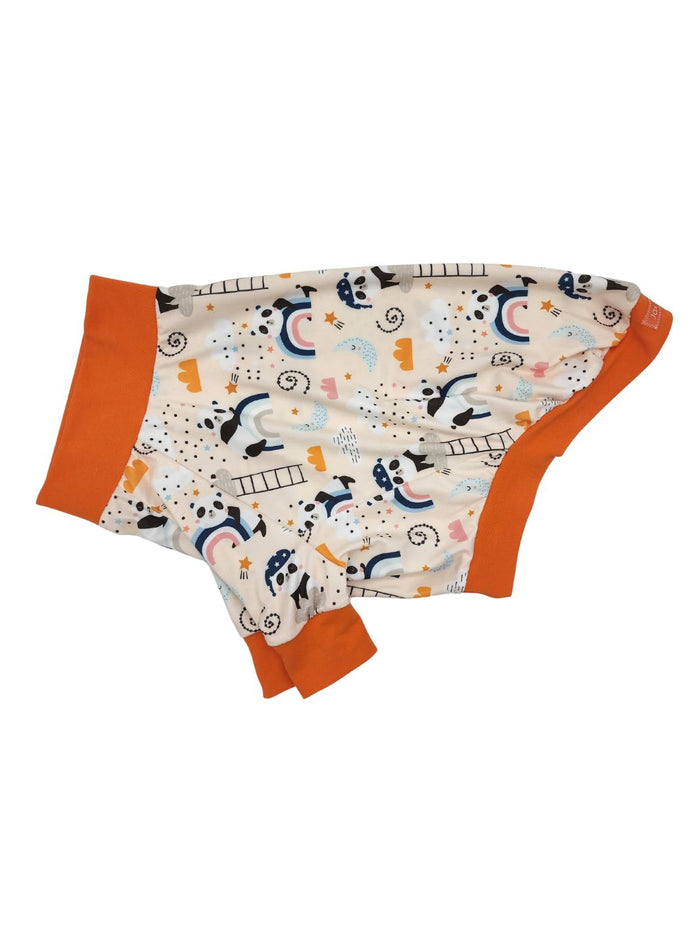 Dreamy Panda poly-Spandex dog pajamas with orange trim, flat side view