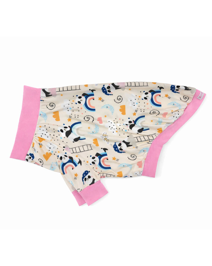 Dreamy Panda poly-Spandex dog pajamas with baby pink trim, flat side view