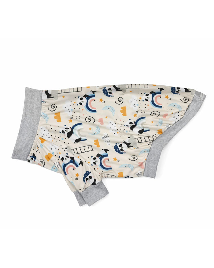 Dreamy Panda poly-Spandex dog pajamas with heather gray trim, flat side view