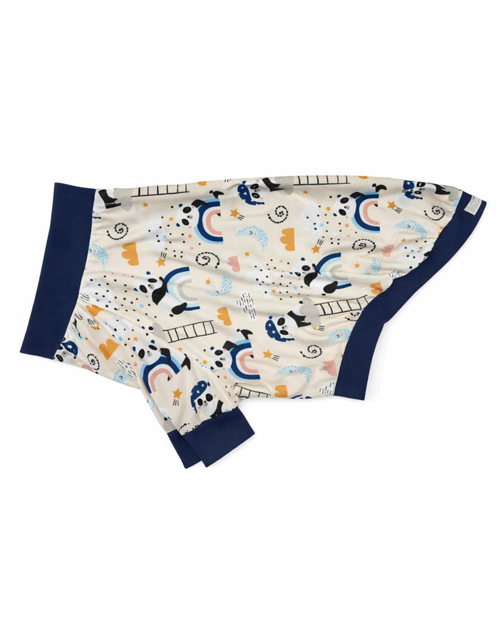 Dreamy Panda poly-Spandex dog pajamas with navy trim, flat side view