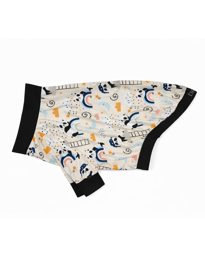 Dreamy Panda poly-Spandex dog pajamas with black trim, flat side view