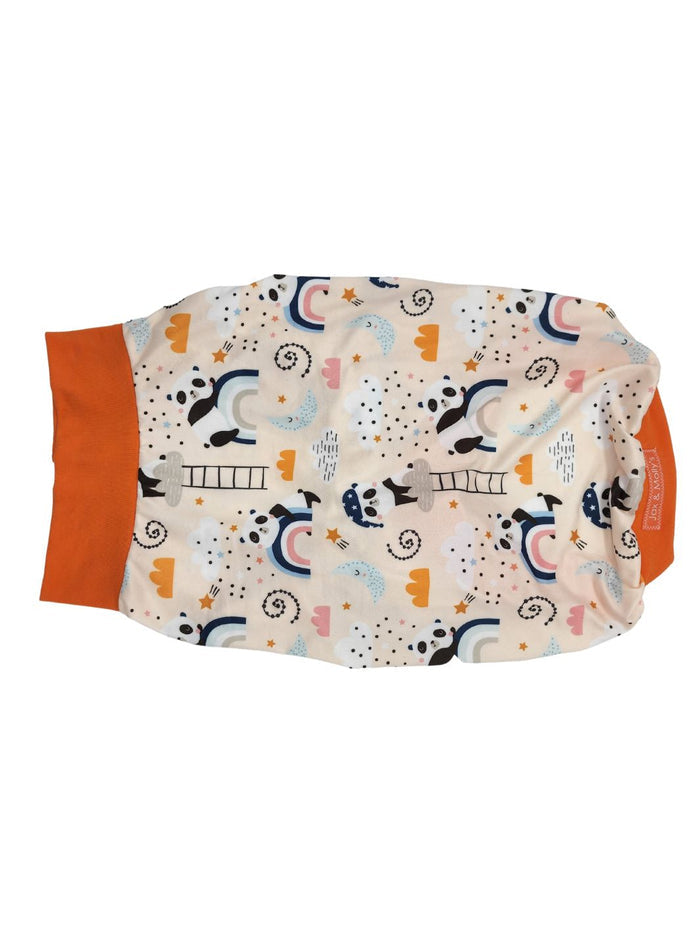 Dreamy Panda poly-Spandex dog pajamas with orange trim, flat backside view