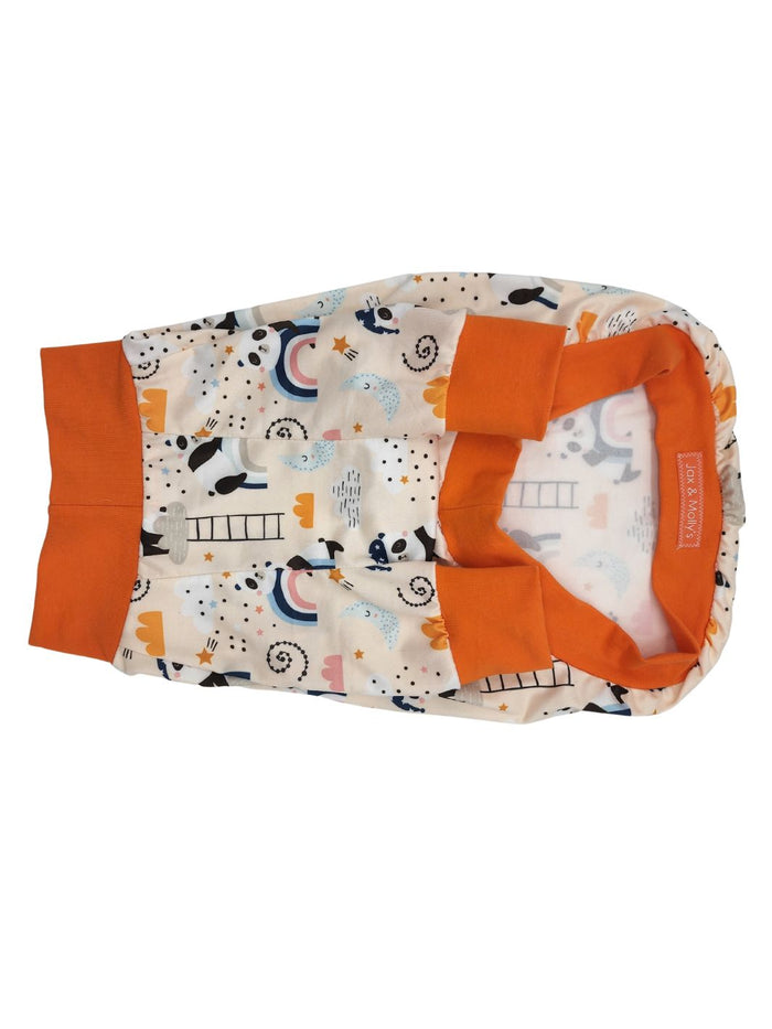 Dreamy Panda poly-Spandex dog pajamas with orange trim, flat underbelly view