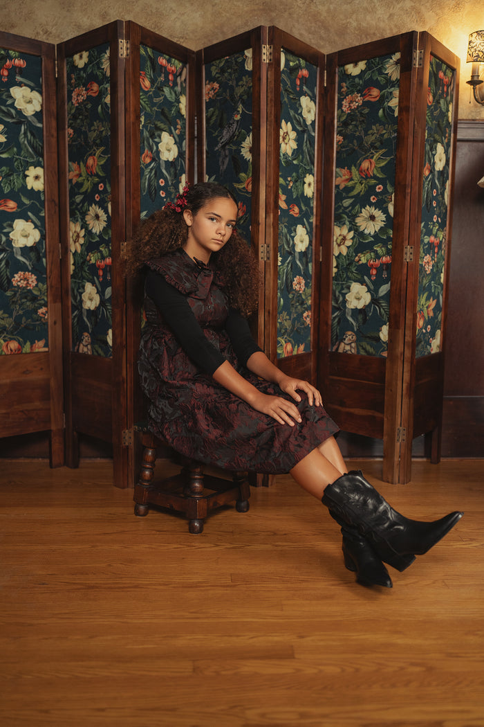 dress floral brocade oversized collared jumper - burgundy