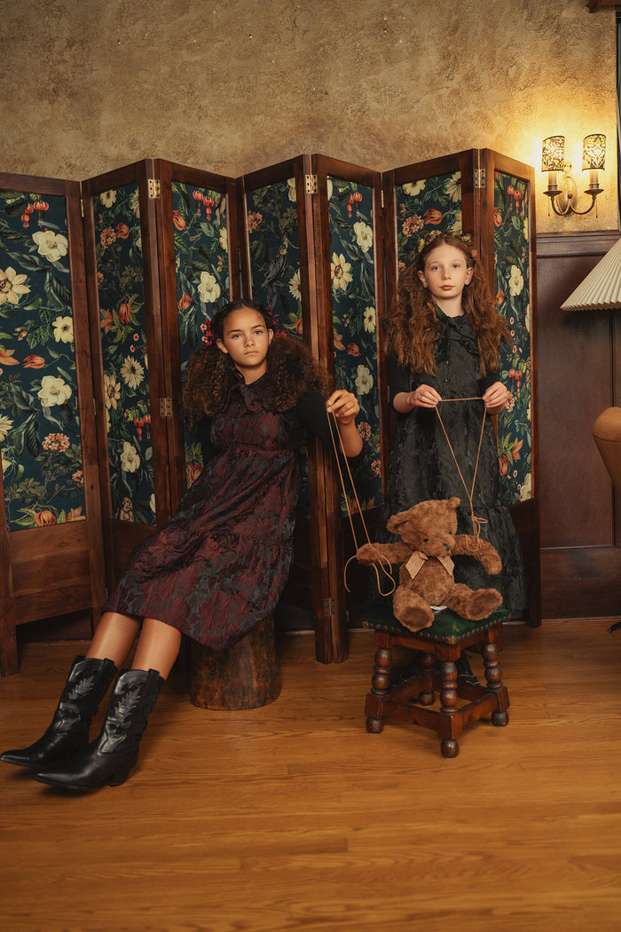 dress floral brocade oversized collared jumper - burgundy