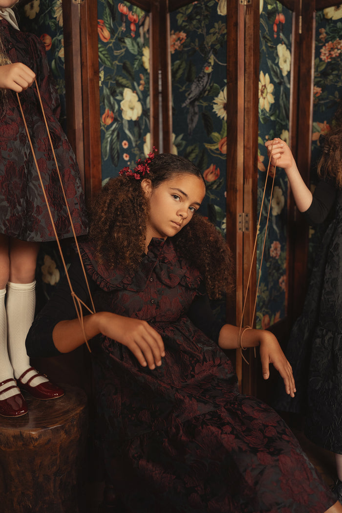 dress floral brocade oversized collared jumper - burgundy