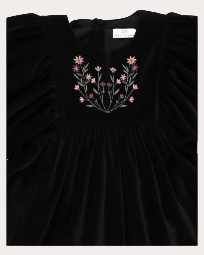 dress velour embroidered puff sleeve - black