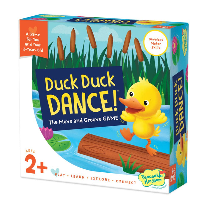 Box of 'Duck Duck Dance!' game by Peaceable Kingdom with a yellow duck on a blue background.