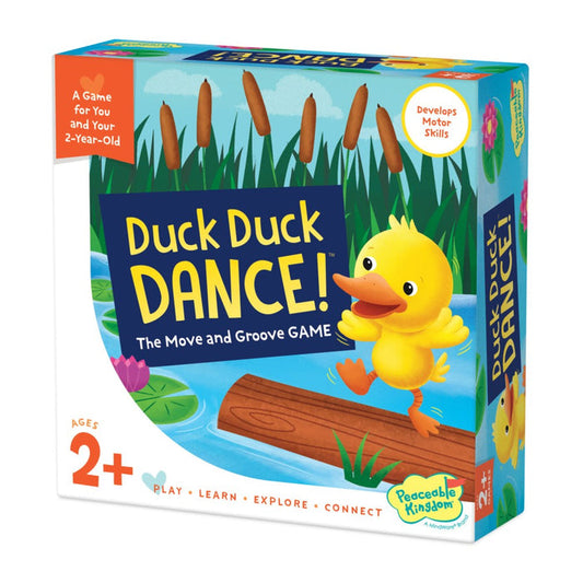 Box of 'Duck Duck Dance!' game by Peaceable Kingdom with a yellow duck on a blue background.