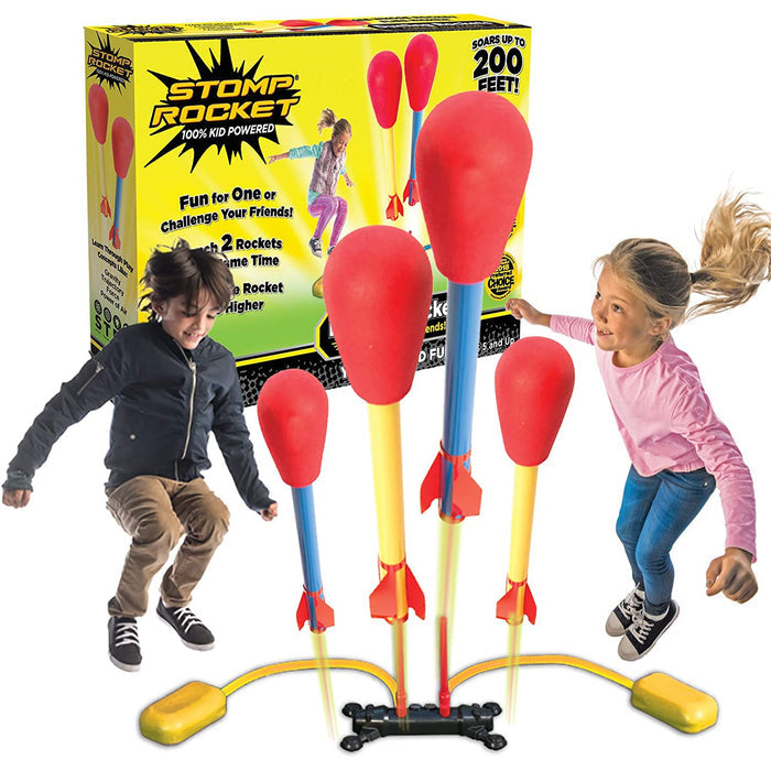 Stomp rockets with children playing and a Stomp Rocket box in the background